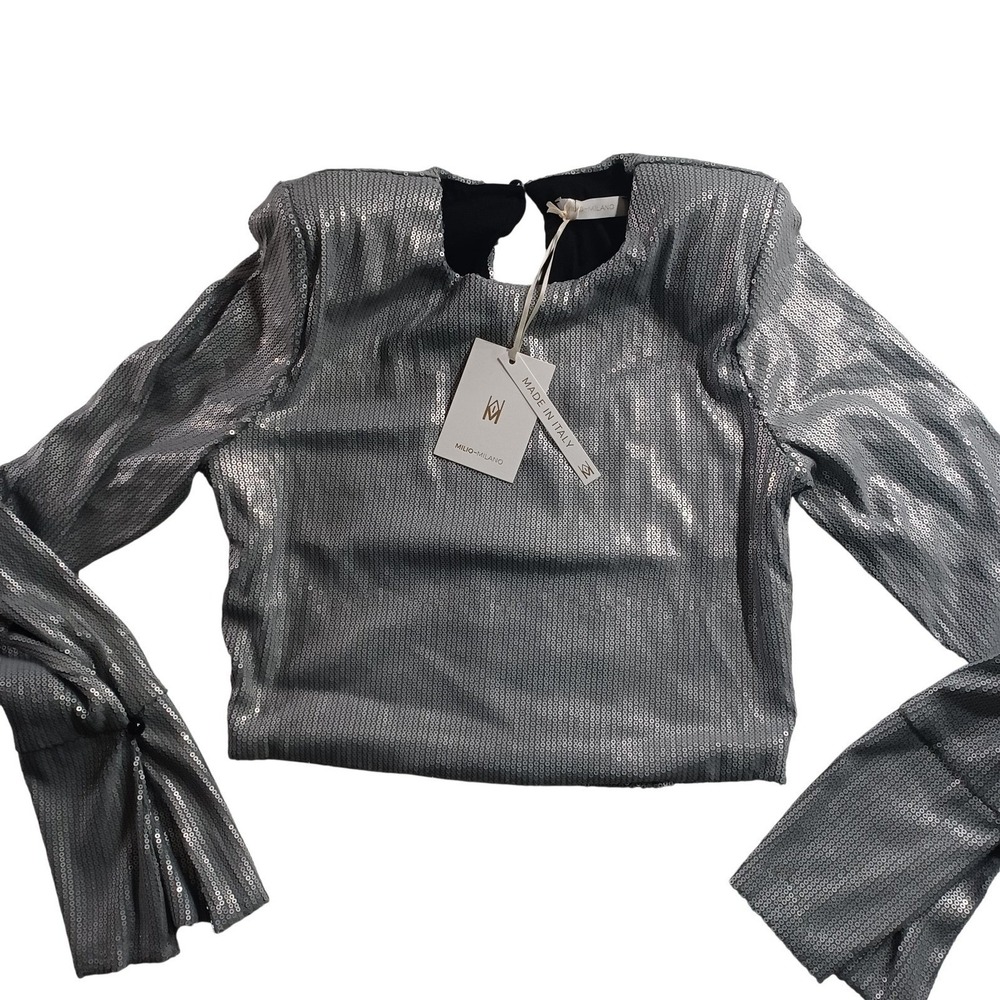 Milio Milano Blouse Womens Small Silver Sequin Long Sleeve Party Top Italy